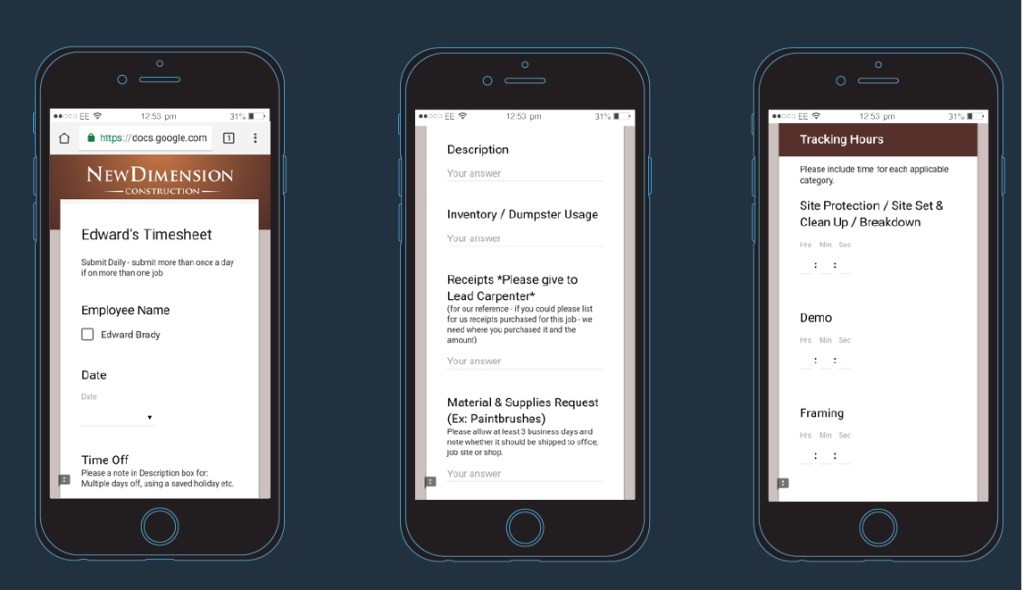Smart reporting. Google Drive lets the author create a customized smartphone form that his field crews can use to report their labor hours each day, breaking their time down by task.