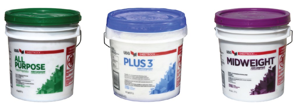 Companies such as USG and National Gypsum offer joint compound in a wide variety of weights and formulations. A few examples from USG are shown above: All-Purpose compound on the left can be used for embedding tape as well as for finish coats. Plus 3 is lighter weight and is for finish coats. Midweight is between the two and can be used for both taping and finish.