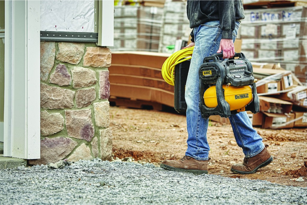 DeWalt’s lightweight, 60-volt Max compressor can speed up punch-out work by making air more mobile.