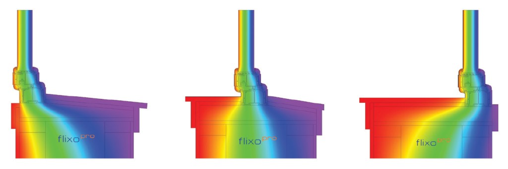These images, generated by the software application Flixo, are a graphic representation of heat flow through the complex
interface between a window and its framed opening. Warm is indicated by red, cold by purple, and the other colors represent
temperatures in between. The flow through and around the centered window most effectively retains heat in the building.