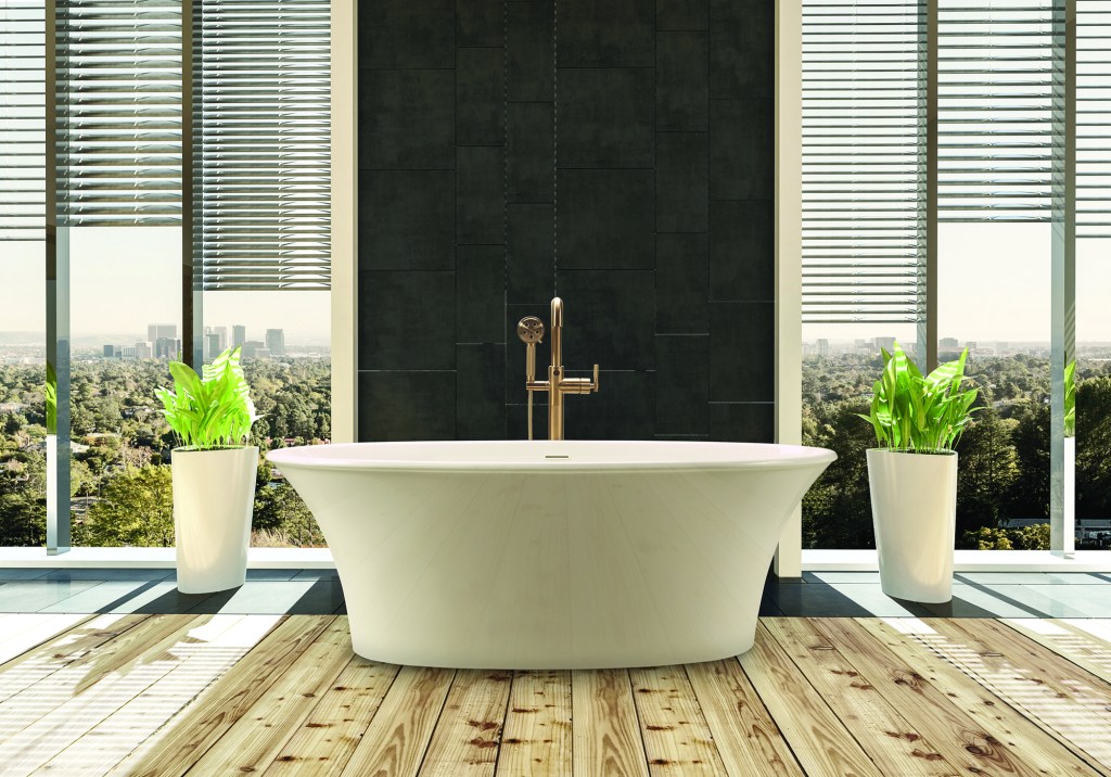 Elegant bathtub in modern bright bathroom with cityscape behind windows