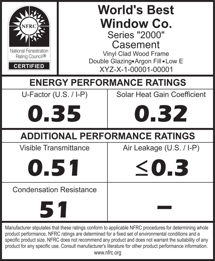 An NFRC label rates the basic energy performance of a window using two critical numbers: the U-factor, which measures heat flow, and the solar heat gain coefficient (SHGC), which measures the percentage of radiant heat energy that will pass through the window. For optimal performance in all climates, both numbers should be 0.35 or lower. The lower the better.
