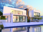 3D rendering of Impressive villa with pool, late afternoon