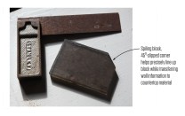 Borrowed from its duties in the boat-building industry, a spiling block can be useful for making templates. The block is basically a rectangle with one corner clipped at 45 degrees. The clipped corner helps you index the block on the template material. The block itself can be any size, but it doesn't need to be very big. The one shown here, made from a scrap of 1/4-inch-thick plastic sheeting, is about 2 inches by 3 inches, a size that fits conveniently in a tool box or tool belt.