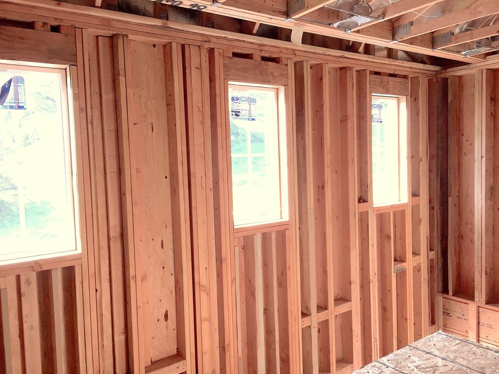 Over-framed walls like this lose a substantial amount of energy via thermal bridging. Exterior foam insulation overcomes much of this loss.