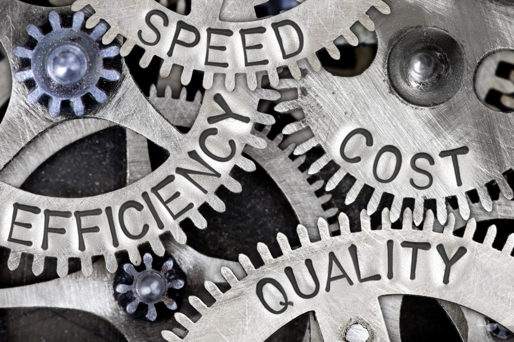 Macro photo of tooth wheel mechanism with EFFICIENCY, SPEED, QUALITY and COST concept words