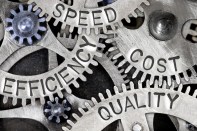 Macro photo of tooth wheel mechanism with EFFICIENCY, SPEED, QUALITY and COST concept words