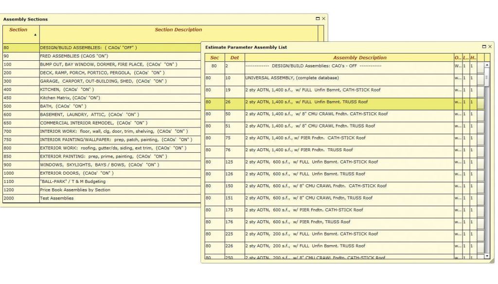 These sample screens are part of a proprietary estimating system used by several divisions. One list (left) holds typical project types and phases of construction; each line item in the other list (right) is a separate project.