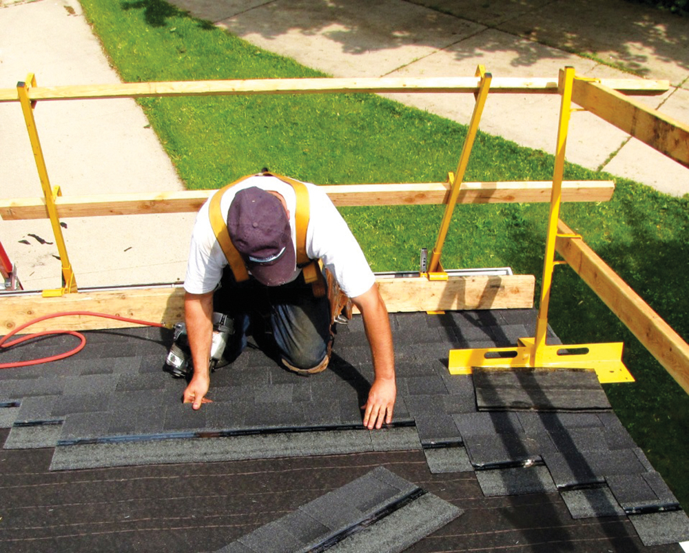 Fitted with guardrail holders, these roof brackets act as slide-guards and toe boards while providing fall protection.