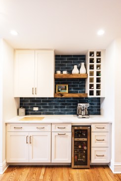A dedicated coffee bar is one option for creating functional kitchen organization.