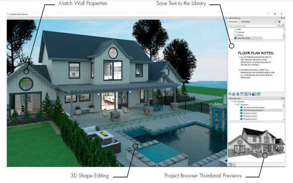 New features in Chief Architect X13 include a dynamic task-linked help menu that can be toggled on and off, thumbnail previews for saved elevations and schedules, 3D shape editing, and a text library that allows general descriptions to be used in future projects. Attributes from one wall can now be applied to other walls as well.
