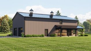 Barndominium plan with simple footprint, exterior view. See details at Houseplans.com.