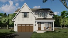 Move-up farmhouse plan for a narrow lot; front exterior. See details at Houseplans.com.