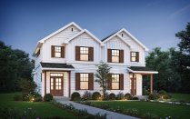 Modern Farmhouse Duplex Plan Front Exterior. See Details at Houseplans.com.