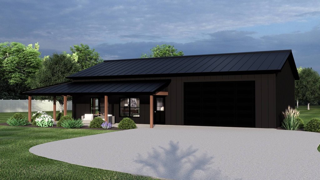 Barndominium plan with two bedrooms, front exterior. See details at Houseplans.com.