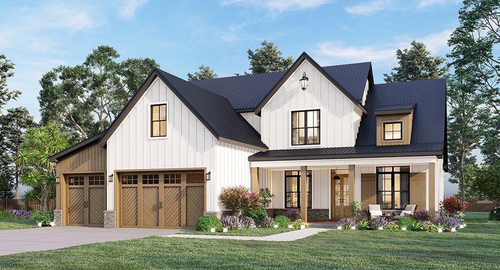 Modern farmhouse plan with porches, front exterior. See details at Houseplans.com.