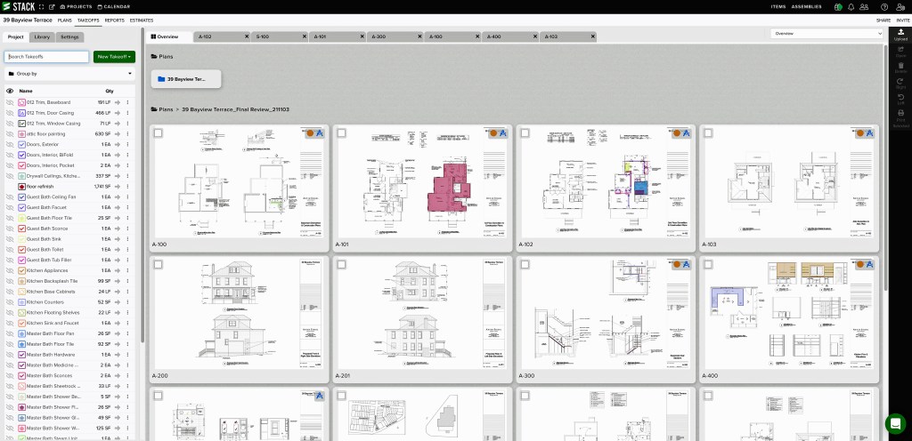 Stack is a cloud-based estimating platform that allows you to upload a set of plans - the first step in estimating a project. The program reads the title block, which helps a user organize documents for different projects. Click here to enlarge image.