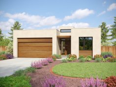 Modern one-story house plan, front exterior. See details at Houseplans.com.