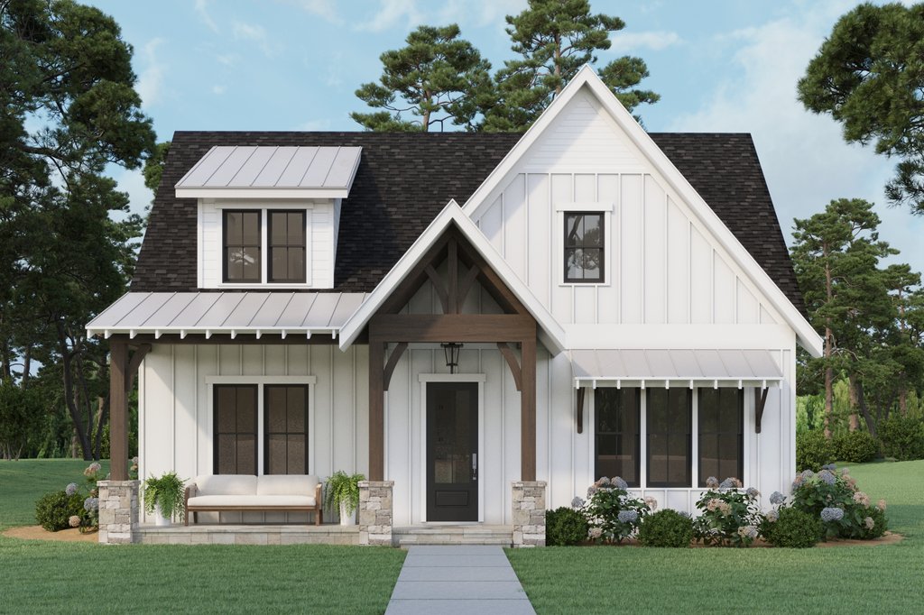 Farmhouse plan with prep kitchen, front exterior. See details at Houseplans.com.