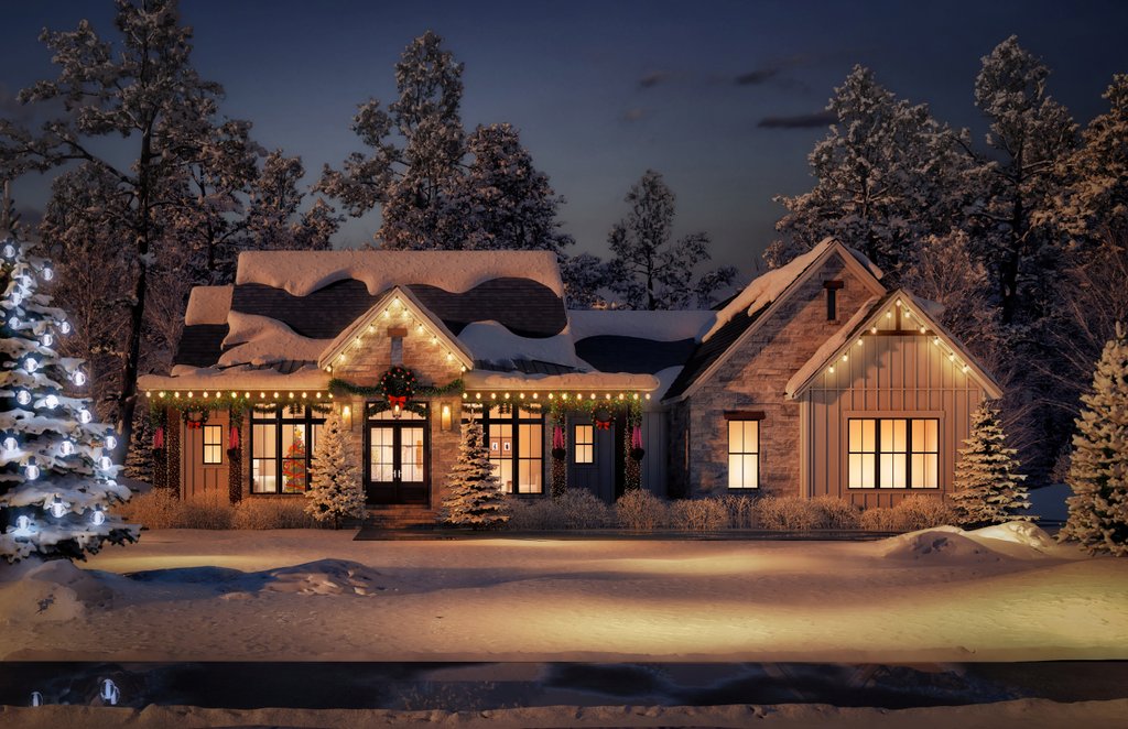 Farmhouse plan with lots of storage, front exterior. See details at Houseplans.com.