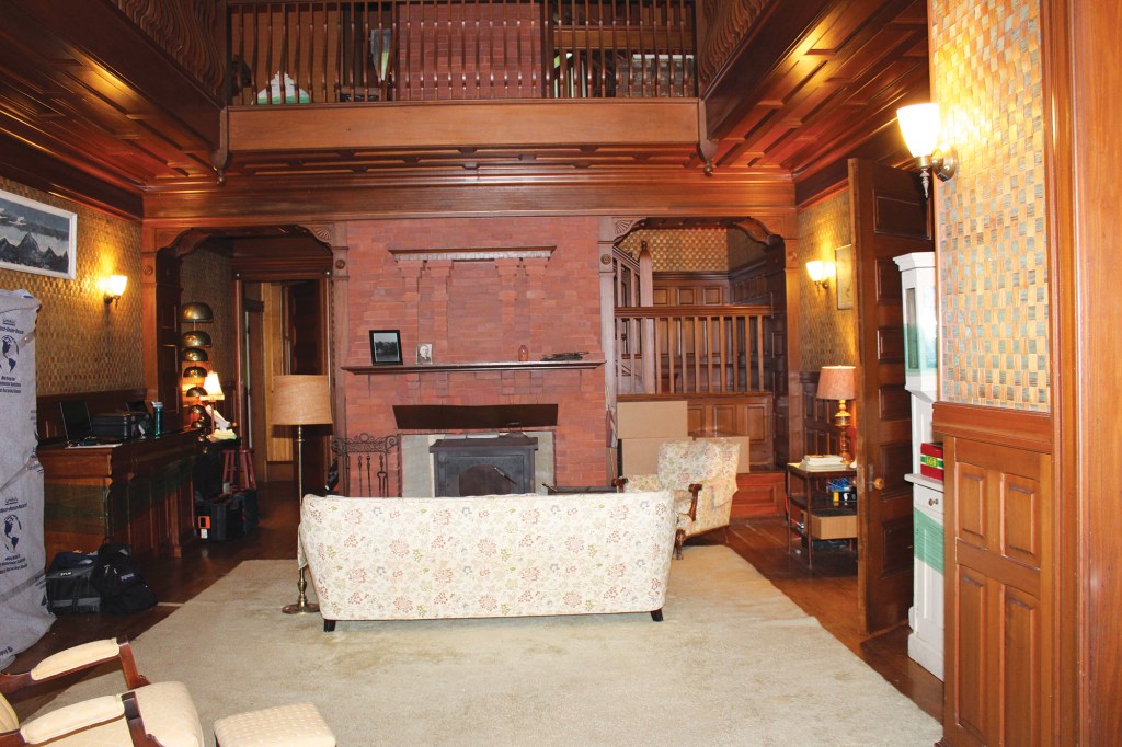 The interior of the Pinnacle, a historic Lake Champlain summer camp under renovation for year-round living, was filled with rich details including a unique basket-woven ash wall covering.