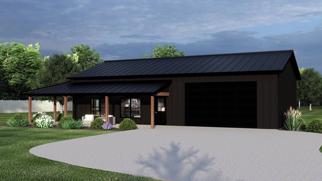 Small barndominium plan with two bedrooms, front exterior. See details at Houseplans.com.