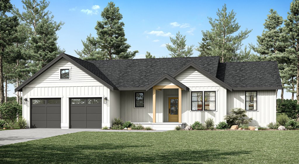 Craftsman ranch house plan, front exterior. See details at Houseplans.