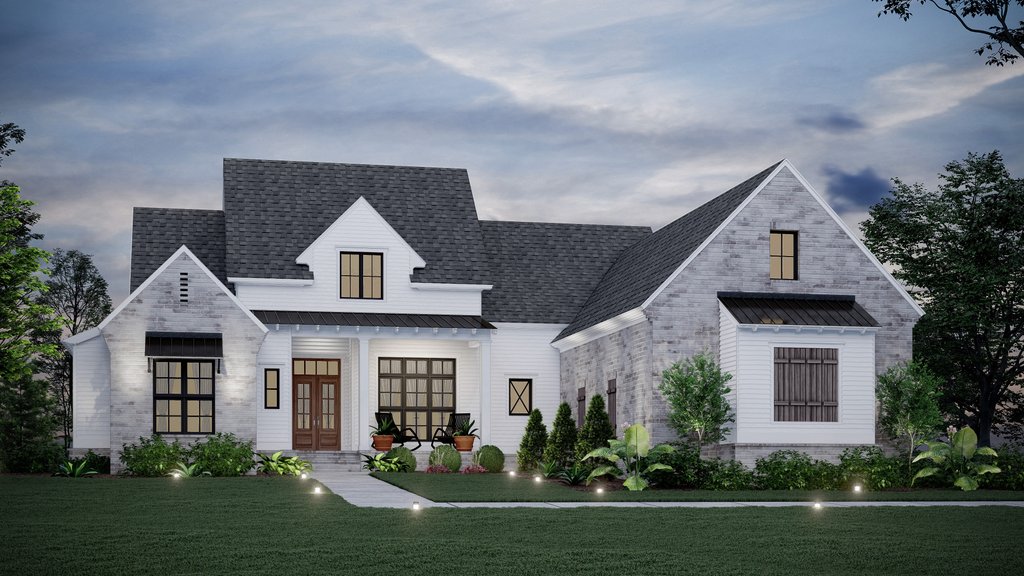 Farmhouse plan with outdoor living, front exterior. See details at Houseplans.