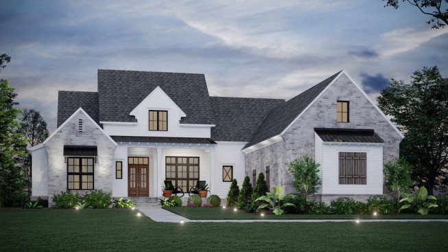 Farmhouse plan with outdoor living, front exterior. See details at Houseplans.