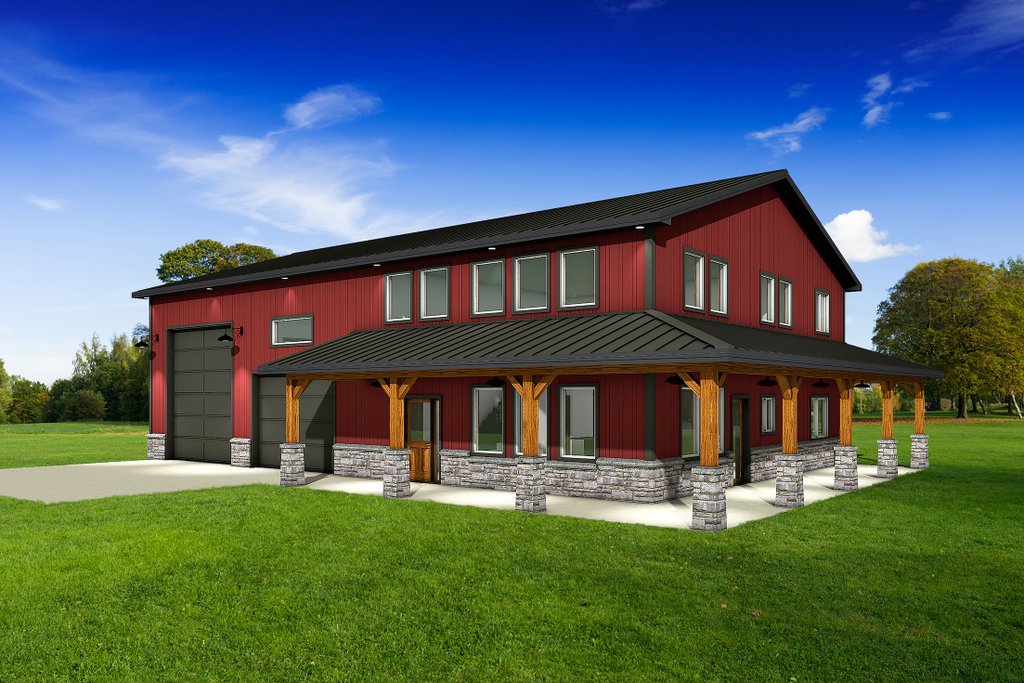 Barndominium plan with RV garage, front exterior. See details at Houseplans.