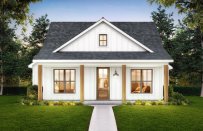 Small farmhouse plan for a narrow lot, front exterior. See details at Houseplans.