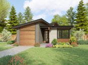 Modern house plan for a narrow lot, front exterior. See details at Houseplans.