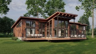 Small modern house plan, rear exterior. See details at Houseplans.
