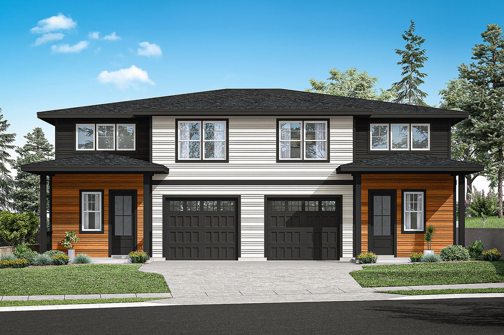 Modern duplex plan, front exterior. See details at Houseplans.