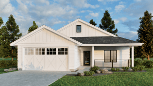 Small farmhouse plan with garage, front exterior. See details at Houseplans.