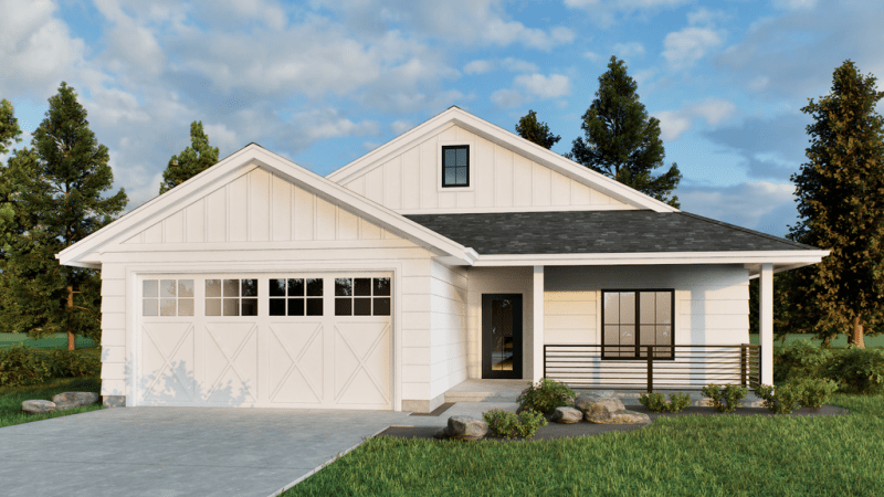 Small farmhouse plan with garage, front exterior. See details at Houseplans.