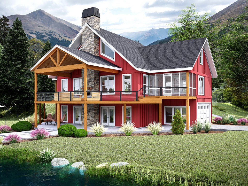 Lakefront house plan, rear exterior. See details at Houseplans.