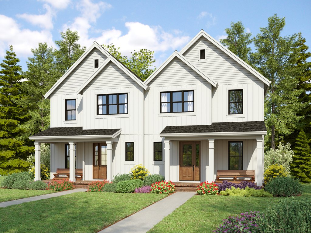Farmhouse duplex house plan with garage, front exterior. See details at Houseplans.