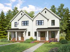 Farmhouse duplex house plan with garage, front exterior. See details at Houseplans.