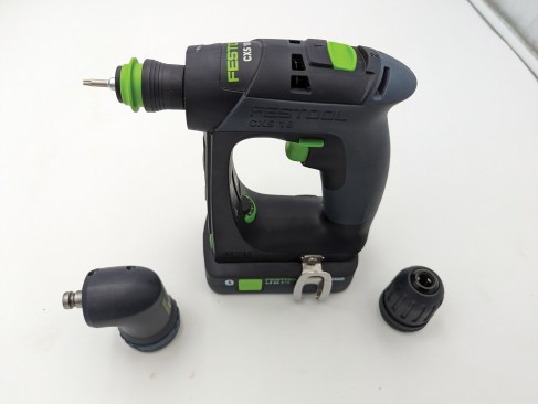 Festool CXS 18 Compact Drill and AN-XS right-angle adapter and FastFisx 3/8-inch keyless chuck.