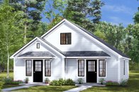Tiny ADU duplex plan, front exterior. See details at Houseplans.