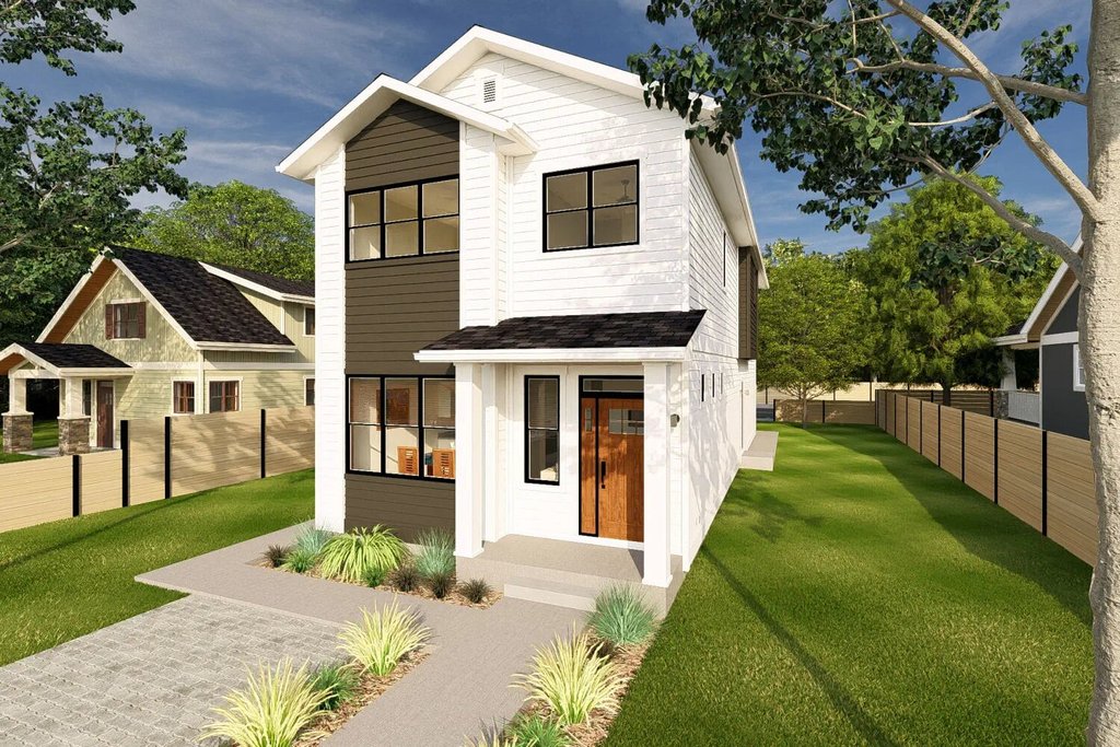 Modern duplex house plan, front exterior. See details at Houseplans.