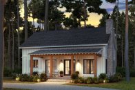 Small barndominium plan, front exterior. See details at Houseplans.