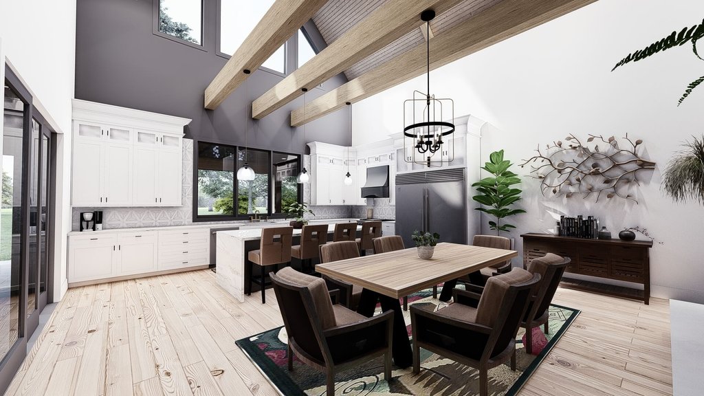 Barndominium plan with big kitchen, dining area. See details at Houseplans.