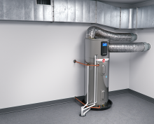 A heat pump water heater can be installed with ducting. Most water heater manufacturers allow just the inlet duct (if the water heater is in a small space and additional airflow is needed), or just outlet duct (to direct the cold air exhausted by the unit to the outside), or both. (Photo courtesy Rheem Manufacturing)