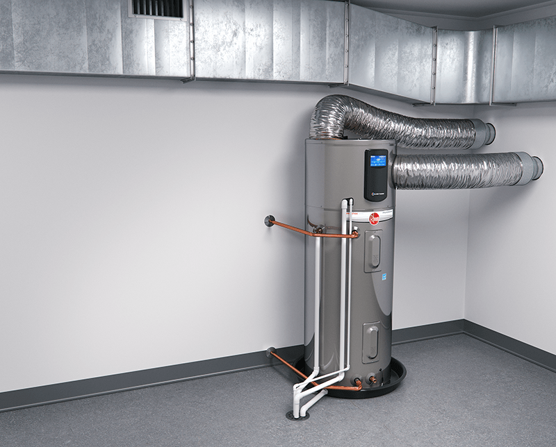 A heat pump water heater can be installed with ducting. Most water heater manufacturers allow just the inlet duct (if the water heater is in a small space and additional airflow is needed), or just outlet duct (to direct the cold air exhausted by the unit to the outside), or both. (Photo courtesy Rheem Manufacturing)