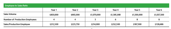 Tracking employee to sales ratio: From the data in this graphic, it's obvious the most "productive" year for this company was in Year 4, when each production employee employee "produced" $232,500. The company continued to add employees in years 5 and 6, until the sales dollars per production employee ratio dropped to nearly half of the Year 4 figure.
