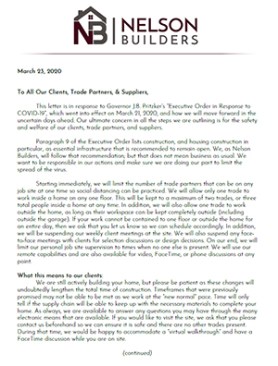 Communication is key. Author Matt Nelson uses this letter to explain the new normal to all parties involved in one of his projects.  Read the full letter to  clients, trade partners, and suppliers (PDF).