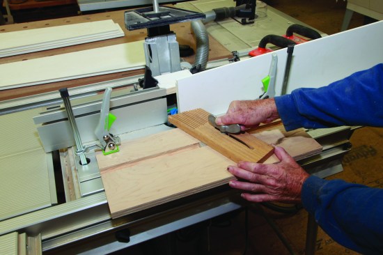 Feather boards set in a mounting board keep the board pushed tight against the fence as it is sent through on edge.