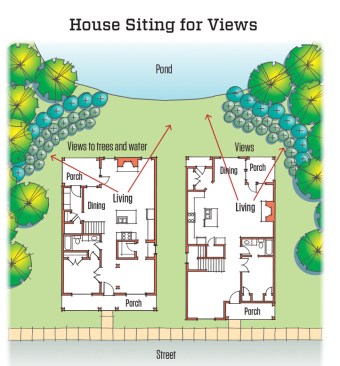 These two homes are sited and arranged so that views from the living spaces look out to natural settings. Windows that look from one house to the other are kept to a minimum.